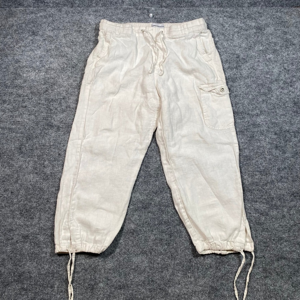 George & Martha White 100% Linen Cargo Cropped Pants Womens Large Drawstring Hem